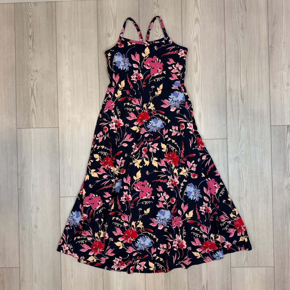 Pact Organic Cotton Floral Fit and Flare Midi Dress Navy Blue Pink Small